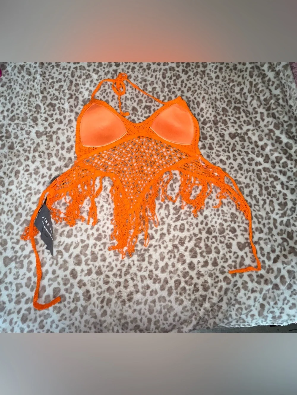 Sans Souci - Bright Orange Crochet Fringe Halter Top